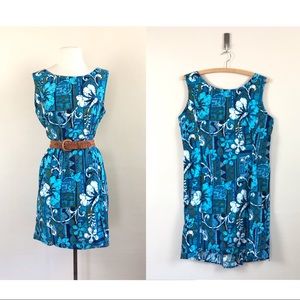 vtg Hawaiian tiki floral print dress 50s 60s mod